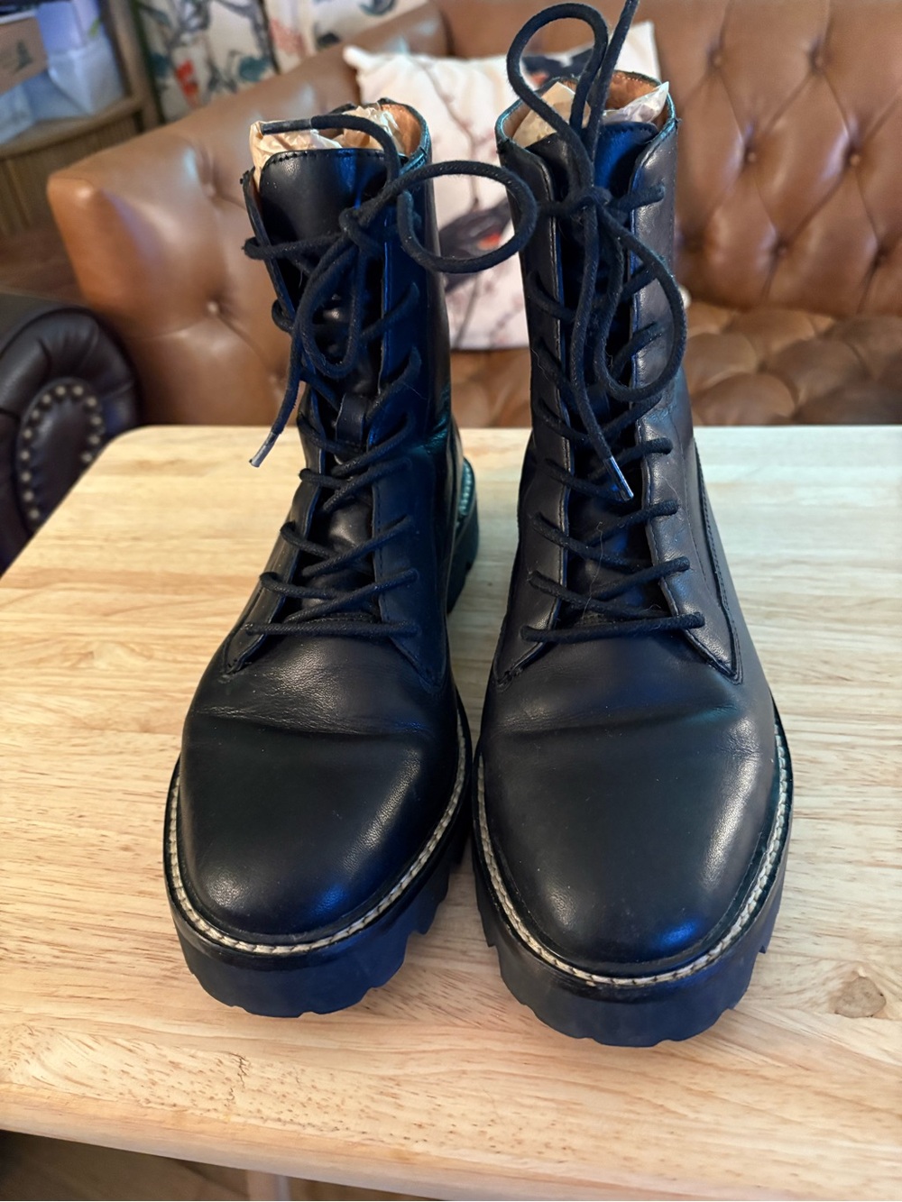 Maxwell City Walk Black Chunky Lace-Up and Zipper-Up Leather Boots. Size 7.5